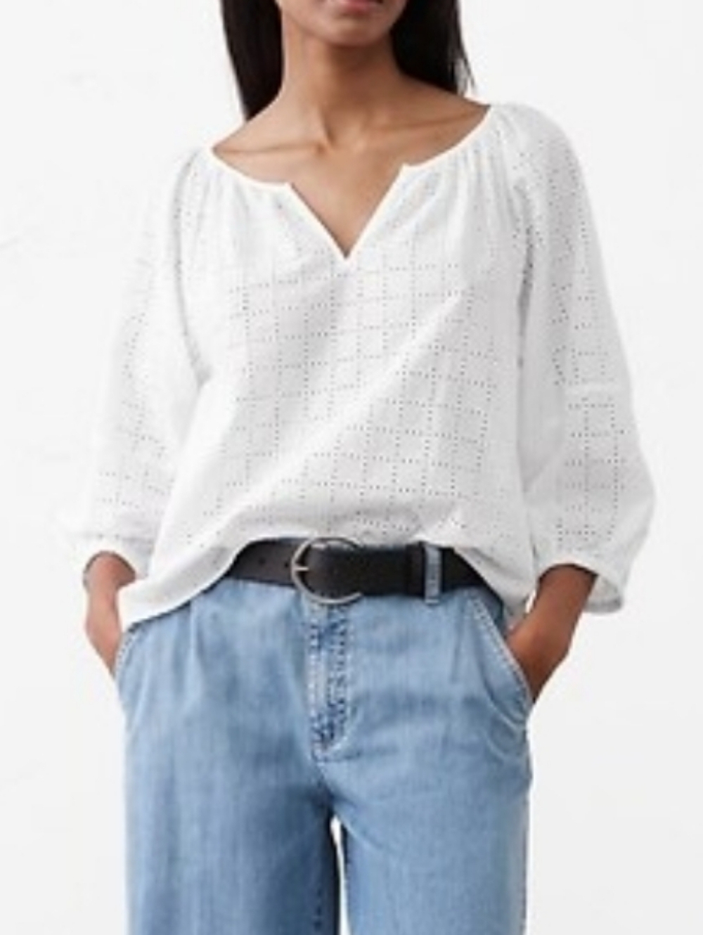 Banana Republic White Eyelet V-Neck Peasant Top Blouse Small